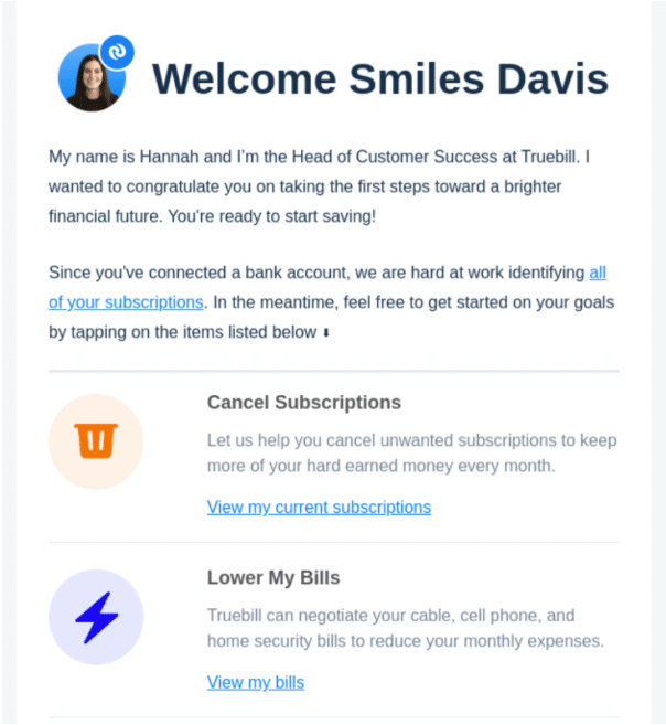 Truebill customer onboarding email.