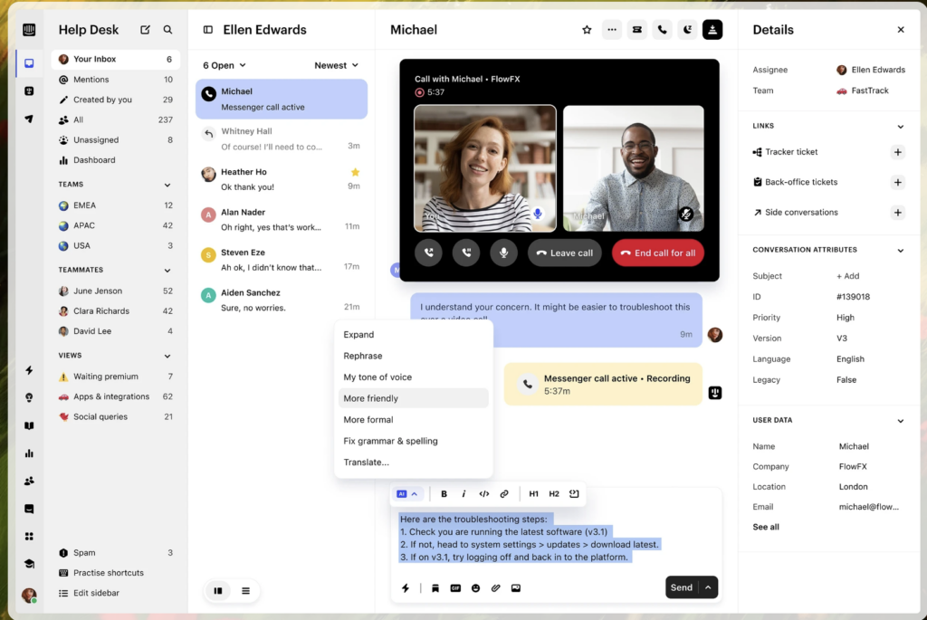 Screenshot of the inbox in Intercom, a customer engagement platform