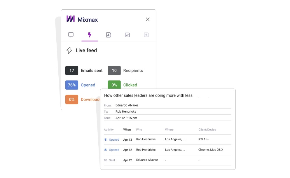 Screenshot of a live feed on email statistics in Mixmax