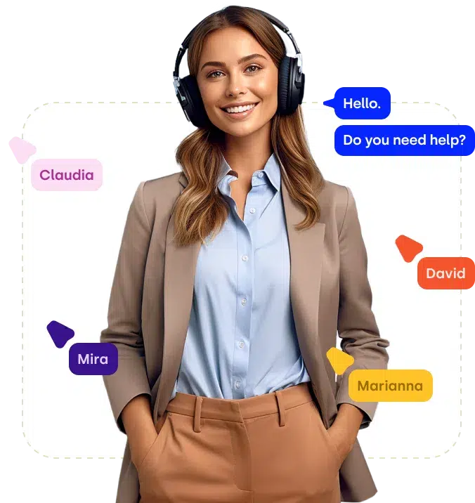 AI image of a female call agent surrounded by customer conversations