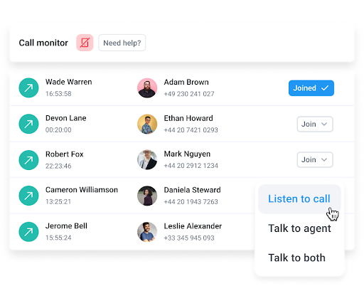 Call monitoring feature to assess call quality and identify training issues