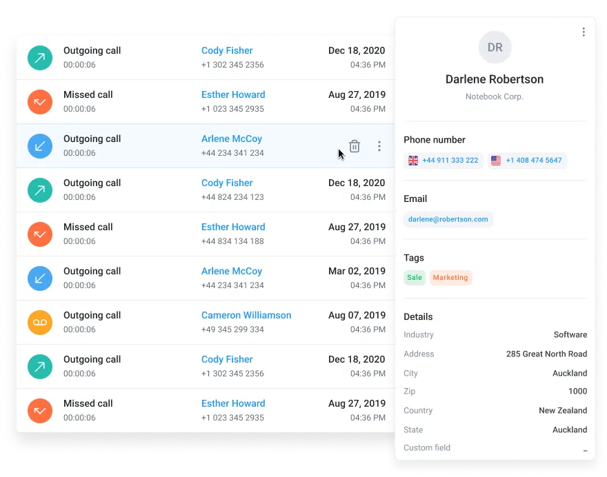 CloudTalk's Customer Details feature showing key information like company name and phone number for future outreach