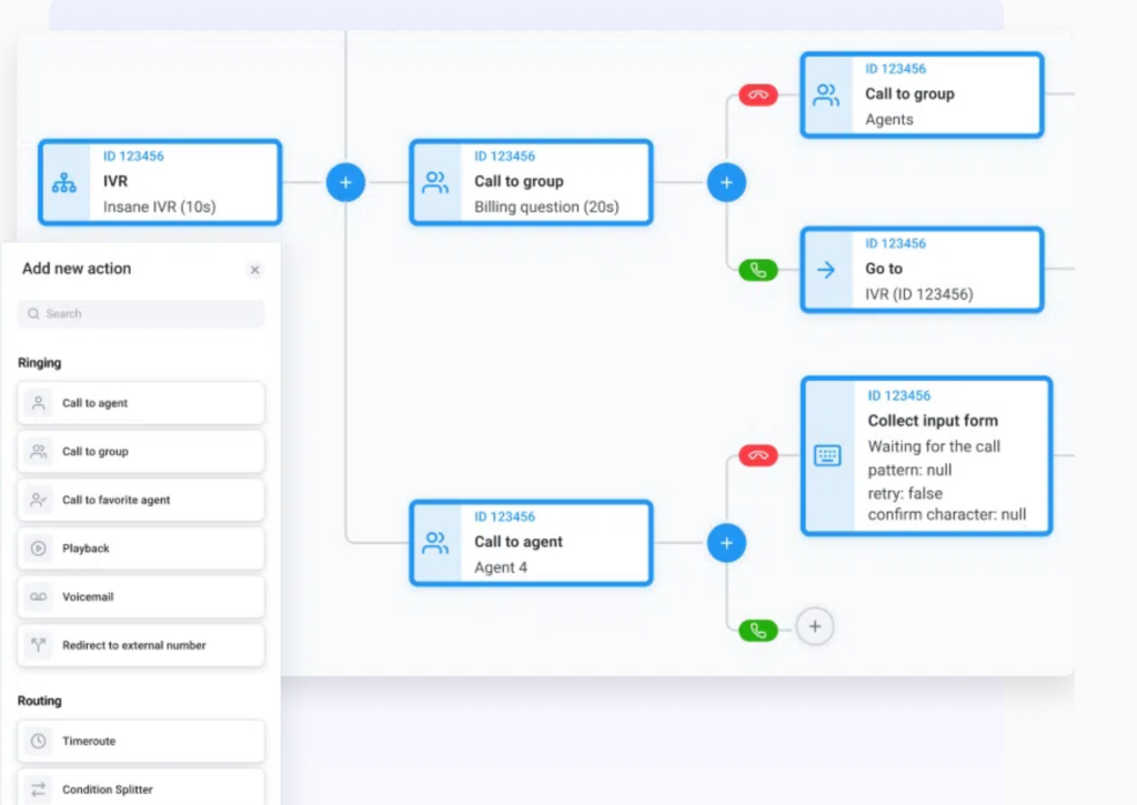CloudTalk's IVR feature displaying the different routing options available like calling a specific agent or group .