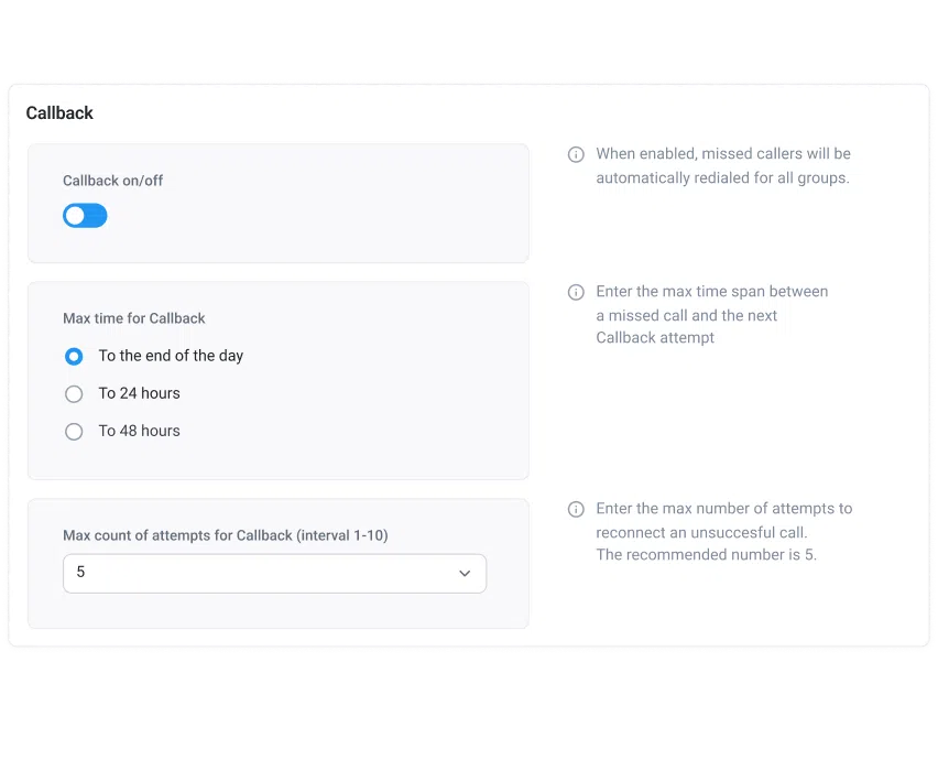 CloudTalk’s Callback feature showcasing different callback options like the maximum time for a callback